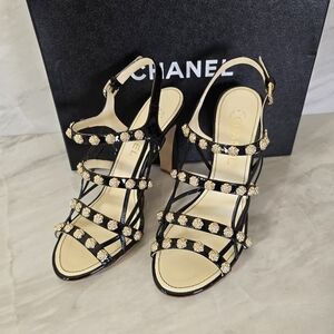 CHANEL Black and Gold Strappy Heels